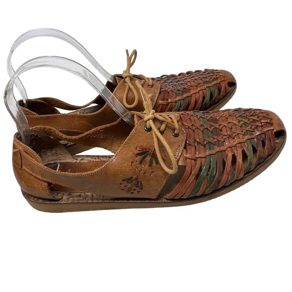 Leather Craft By Premiere Collection Size 10 Leather Woven Lace Up Sandals Brown - Picture 2 of 8